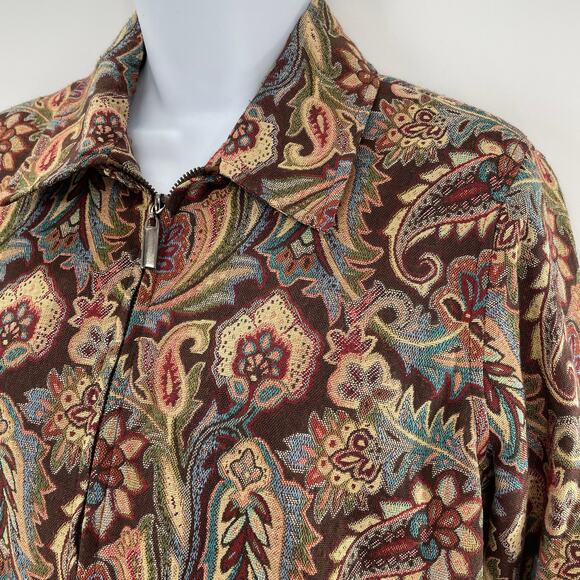 Coldwater Creek Brown Cream Maroon Aqua Paisley Tapestry Zip Up Jacket PS - Picture 2 of 7